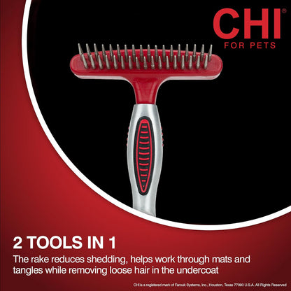 CHI for Dogs 2 in 1 Dematting and Deshedding Rake, Dual Head Dog Grooming Tool with Wide Tooth Dematting Rake and Fine Deshedding Rake, Detangler Comb for Thick Double and Long Dog Coat