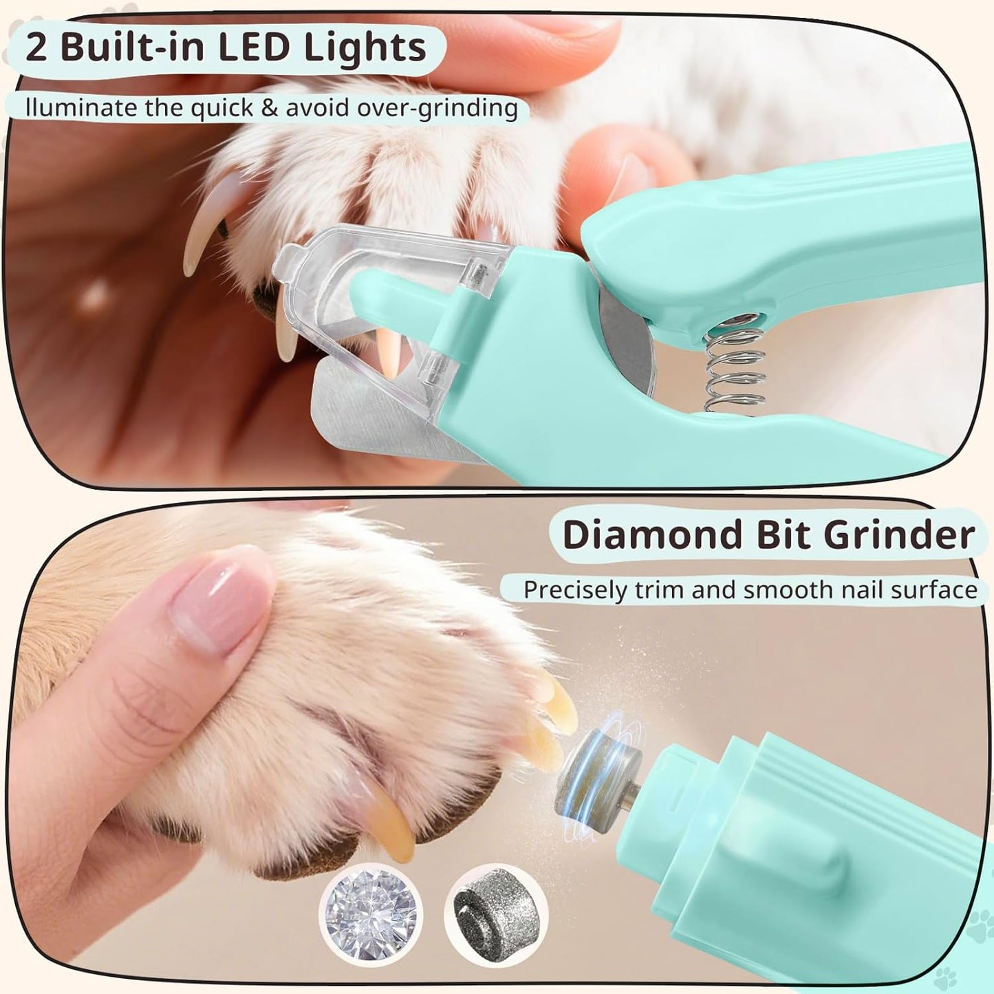 2-in-1 Dog Nail Trimmers & Dog Nail Grinder, Dog Nail Clippers with 2 LED Lights & Safety Guard, USB Rechargeable, Multiple Grinding Methods for Small, Medium, and Large Dogs & Cats (Green)