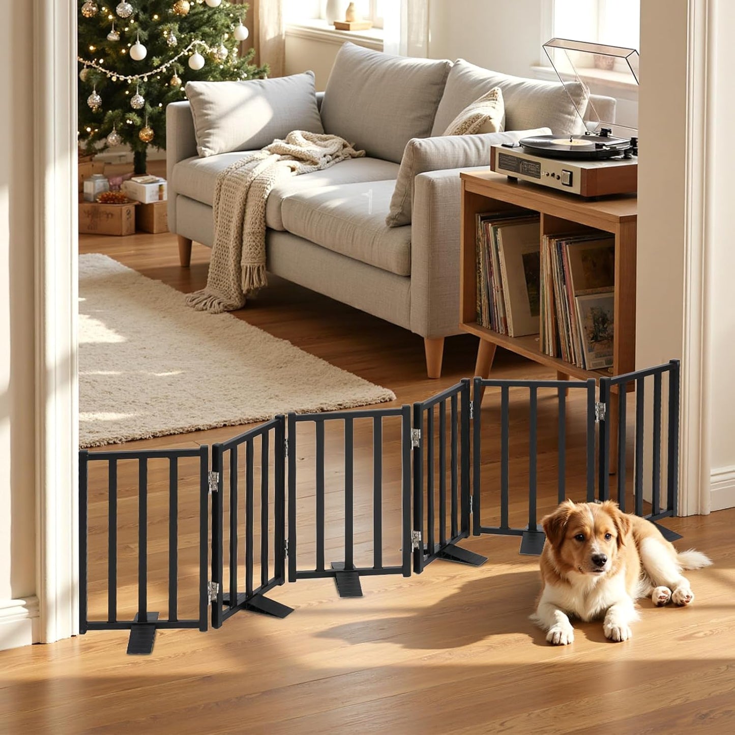 Snagle Paw Short Dog Gate,16.5" Tall Freestanding Metal Dog Gate Only for Small Dogs with Support Feet Easily Step Over,Up to 48" Wide Puppy Gate Indoor for Stairs,Doorways(Black,4 Panel)
