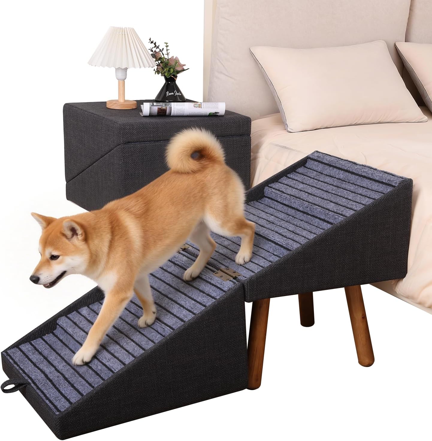 17.13" H Dog Stairs for Small Dogs, 2-in-1 Pet Steps & Ottoman - Foldable Dog Stairs for Couch, Non-Slip Wooden Pet Stairs for Puppy Senior Injured Dogs