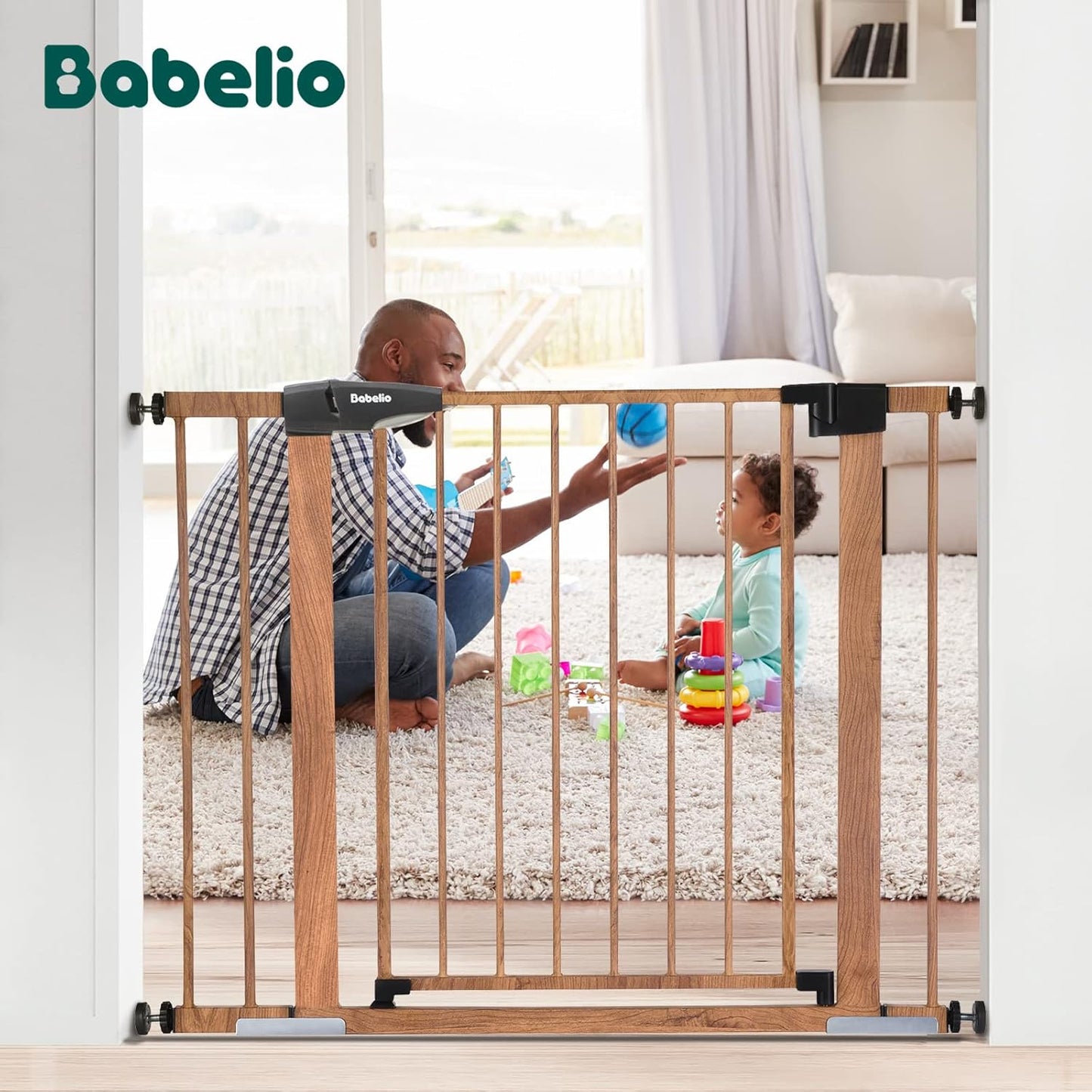 BABELIO Baby Metal Gate Extension with Wood Pattern, 5.5'' Extra Wide Pet Gate for Stairs & Doorways, Pressure Mounted Baby Gate Dog Gate, No Tools Required, 30'' Tall
