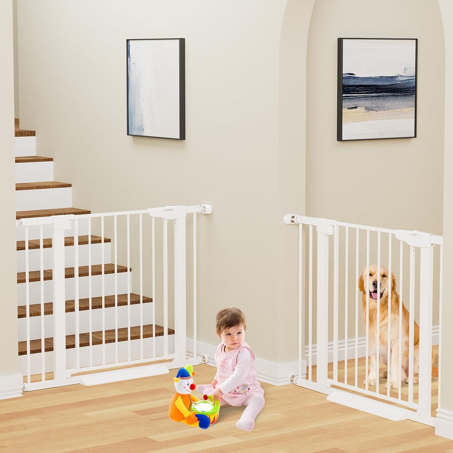 Cumbor 36.6-64" Extra Wide Baby Gate for Stairs, Dog Gates for Doorways, Auto-Close Pet Gate Indoor, Pressure Mounted Walk Through Safety Child Gate for Kids Toddler, Tall Pet Puppy Fence Gate, Brown
