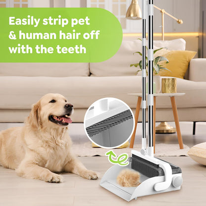 DustDockPro: Broom and Dustpan Set with Trashcan - Long Handle Upright Dust Pan with Teeth Comb, Angled Bristles for Pet Hair Removal, Compact Cleaning Kit for Kitchen Home Tiles Hard Floors
