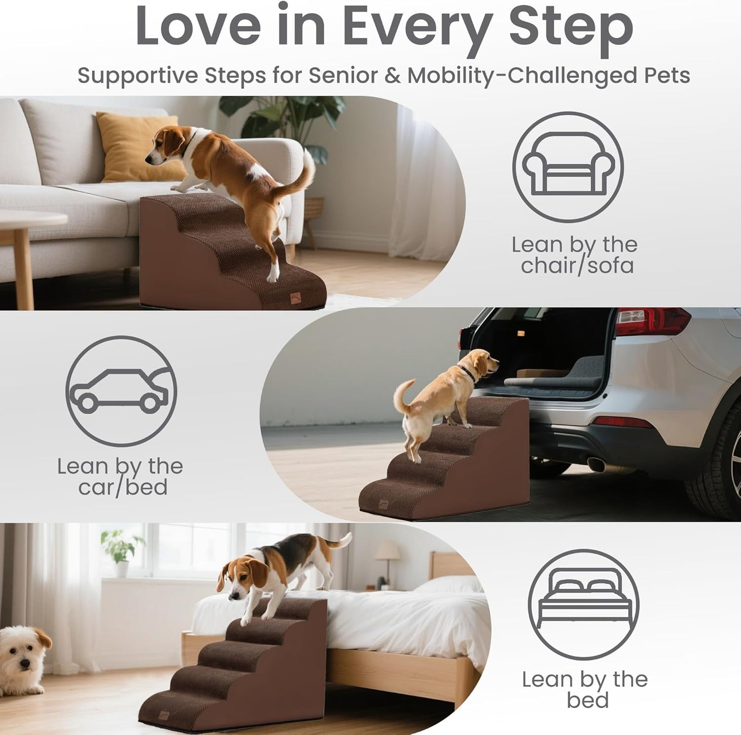 GoGoBunny Ramp Dog Stairs for Couch Sofa and Chair 15.7" H, 3-Step Pet Steps for Small Dogs and Cats, Non-Slip Waterproof Fabric Cover, Stable and Balanced Indoor Step, Pets Friendly, Grey