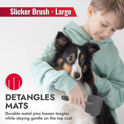 KONG Double-Sided Rake & Deshedding Tool – Detangling & Shedding Control, Rounded Metal Tips, Non-Slip Grip, for Medium to Large Dogs with Medium to Long Coats, Red/Gray