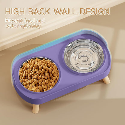 Elevated Cat Bowl, Raised Cat Food and Water Bowl Set for Indoor Cats, Splash Proof with 2 Stainless Steel Pet Food Bowls for Cats and Puppies, Whisker Fatigue and Dishwasher Safe - White