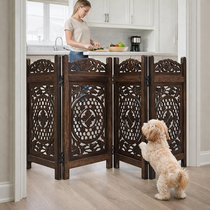 Freestanding Pet Gate for Dogs, Foldable Wooden Dog Gate for House, Indoor Dog Gate for Stair, Doorway, House Design Gates for Dogs Indoor, 72 Inch Wide, (18" x4 Panels 72 inch), Burnt Finish