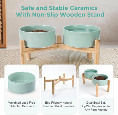 SPUNKYJUNKY Elevated Dog Bowls Ceramic, 6.1'' Dogs and Cat Food Water Bowls Raised with Non-Slip Bamboo Stand for Medium Sized Breed Microwave Dishwasher Safe - 28.7 OZ,Beige
