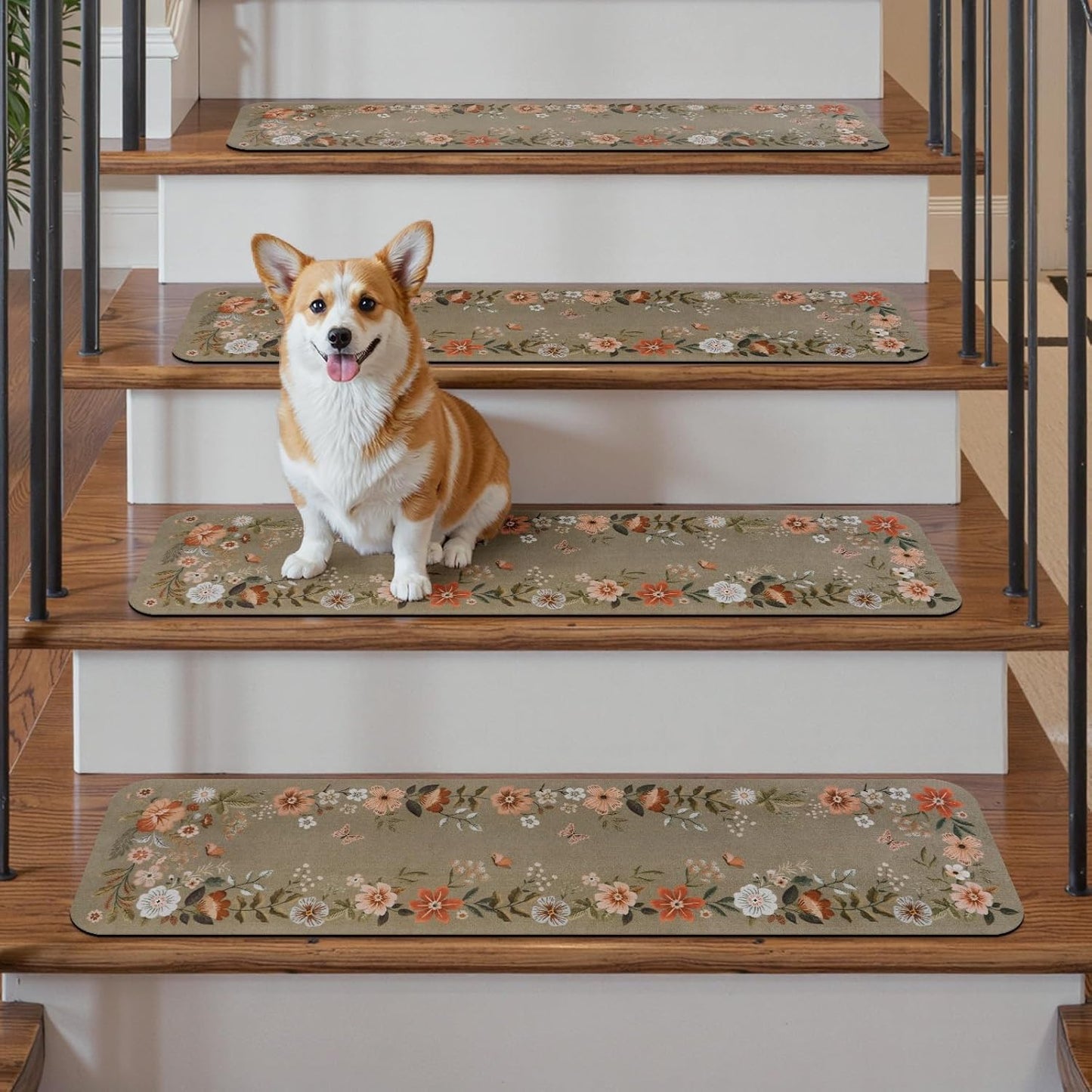 OJIA Floral Stair Treads Non-Slip Carpet Stair Treads for Wooden Steps Indoor 15PCS 30"x8" Stair Runner Stair Mats Staircase Step Treads for Kids, Elders and Dogs, Stair Covers, Black