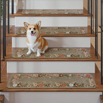 OJIA Floral Stair Treads Non-Slip Carpet Stair Treads for Wooden Steps Indoor 15PCS 30"x8" Stair Runner Stair Mats Staircase Step Treads for Kids, Elders and Dogs, Stair Covers, Black