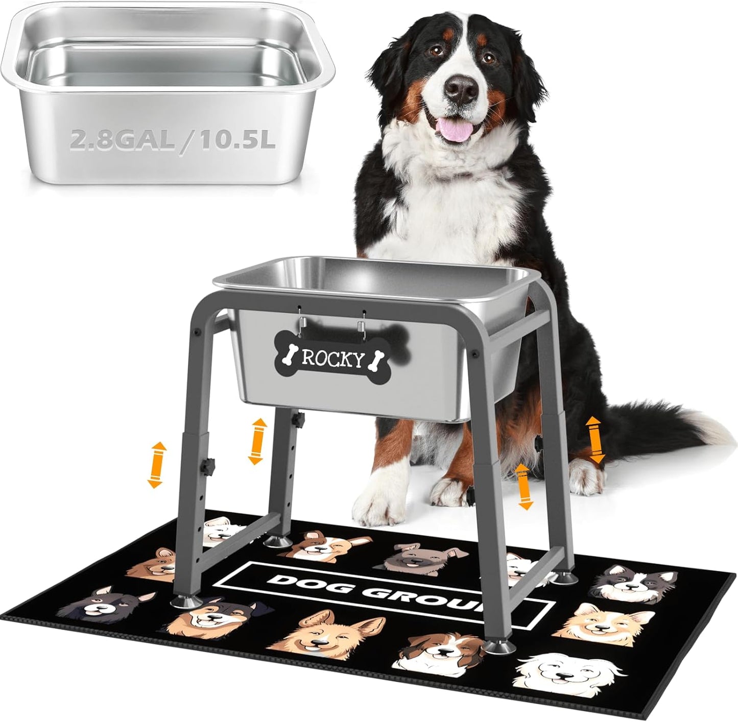 1.2 Gallon Elevated Dog Water Bowl, Height Adjustable (11–17'') Raised Stainless Steel Bowl with Spill-Proof Mat & Sturdy Metal Stand, Tip-Proof, Easy to Clean, Indoor & Outdoor Use