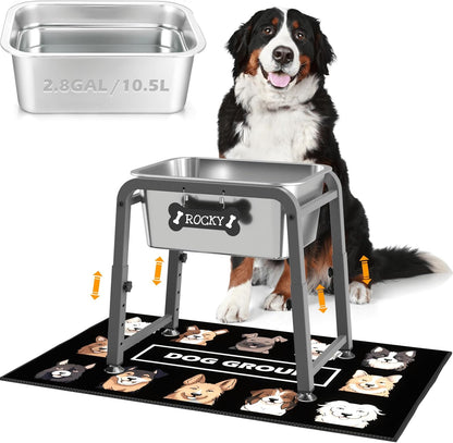 1.2 Gallon Elevated Dog Water Bowl, Height Adjustable (11–17'') Raised Stainless Steel Bowl with Spill-Proof Mat & Sturdy Metal Stand, Tip-Proof, Easy to Clean, Indoor & Outdoor Use
