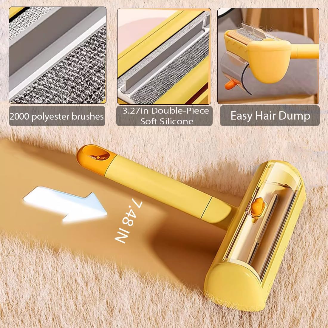 Roller Pet Hair Remover，Self Cleaning Shedding Brush，Cat Brush for Shedding, Pet Hair Removal Glove for Dogs & Cats, Gently Remove Fur from Furniture, Laundry, Carpet & Car Seats，3 Piece Set (Yellow)