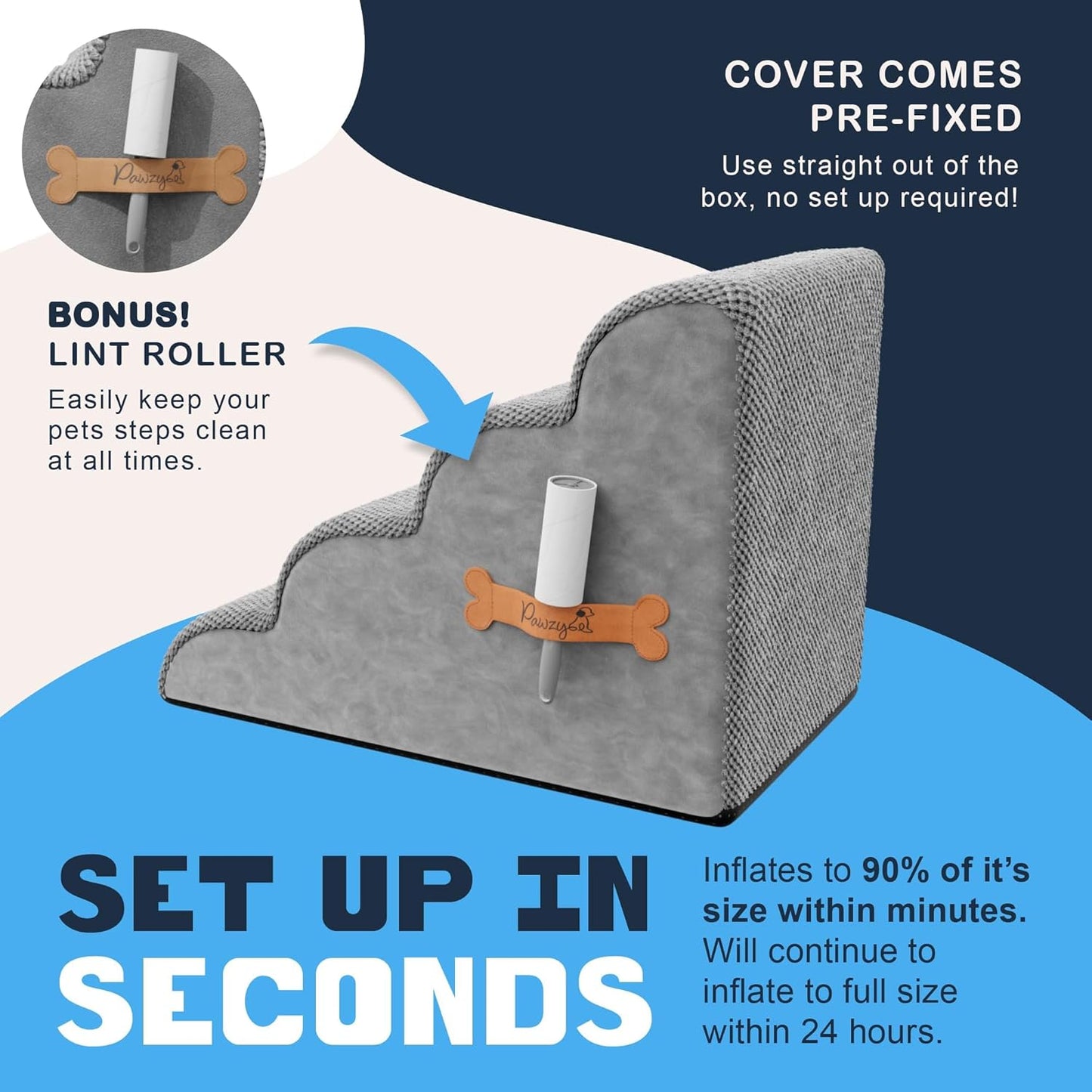 PAWZY Dog Stairs for Medium-Height Beds & Couches, 3-Step Foam Pet Steps 15.5” High for Small Dogs & Cats up to 60 lbs, Wide Non-Slip, Waterproof Washable Zipper Cover, No Assembly, Grey