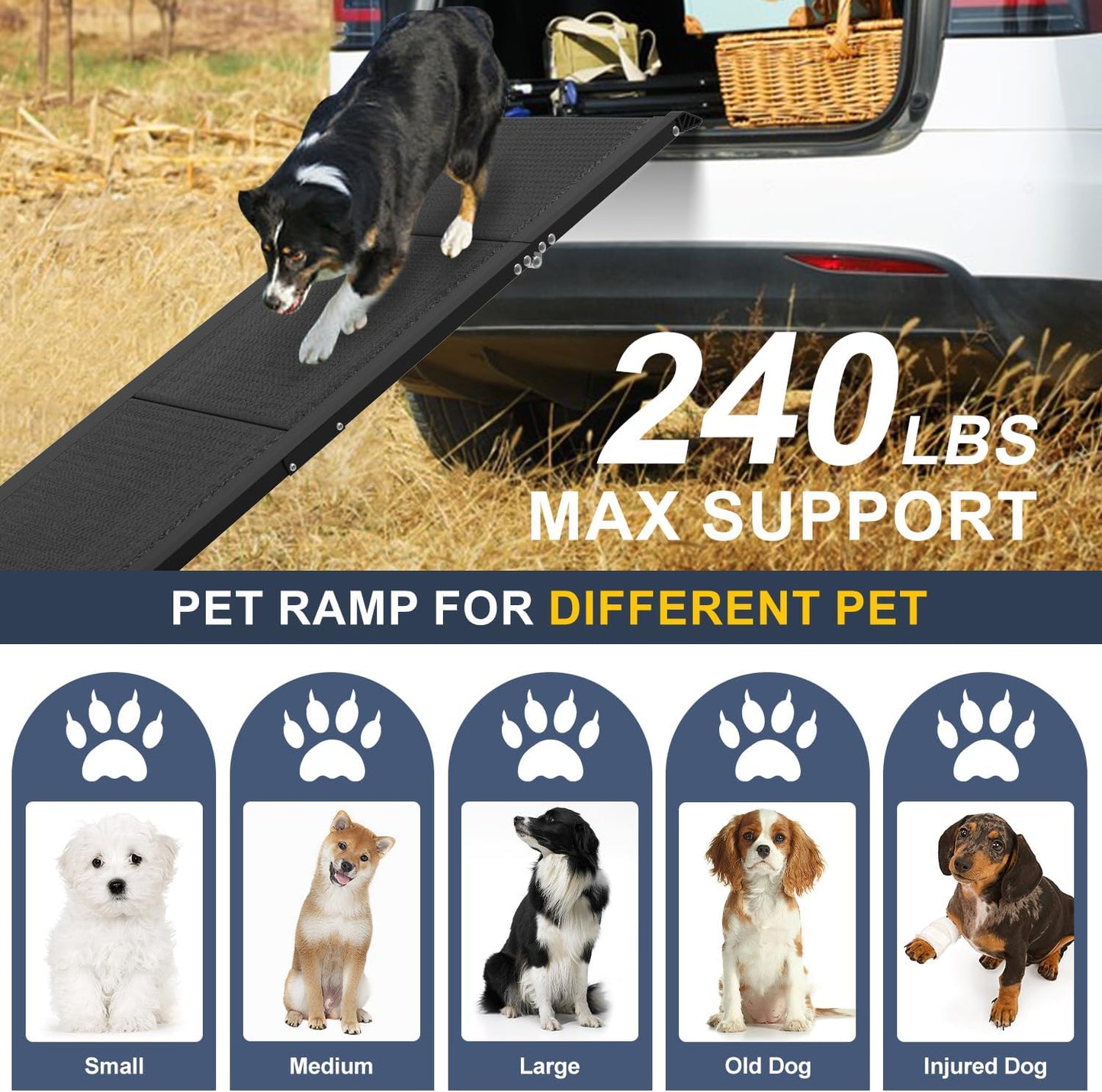 Dog Car Ramp for Large Dogs, Foldable Dog Steps Aluminum Dog Ramps, Dog Stairs with Nonslip Surface for High Beds, Trucks, Cars and SUV, Supports up to 240 lbs (67'' L x 17'' W)