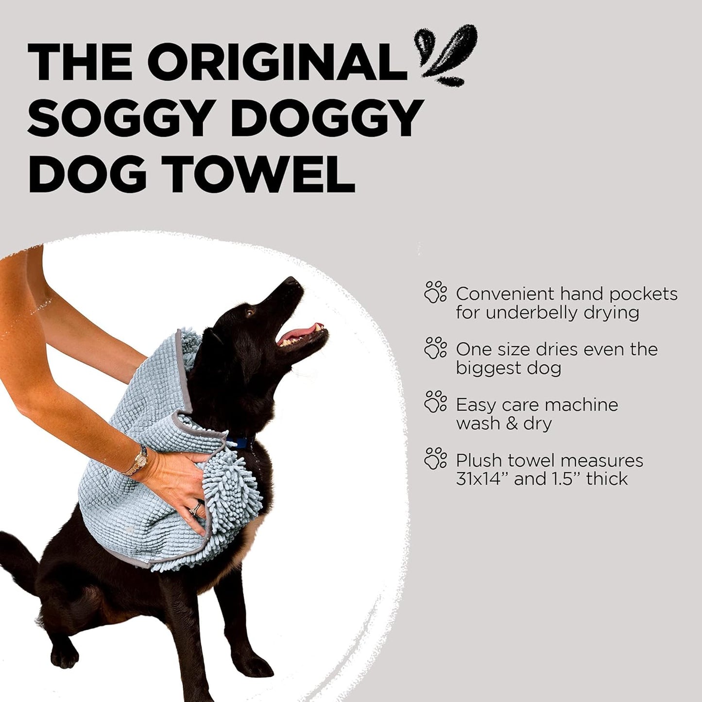 Soggy Doggy Super Shammy Dog Towel – Absorbent Microfiber Chenille Pet Towel for Drying Wet Dogs, Paws, Quick Dry Dog Shammy with Hand Pockets, Machine Washable – Chocolate/Oatmeal Trim, 31” x 14”