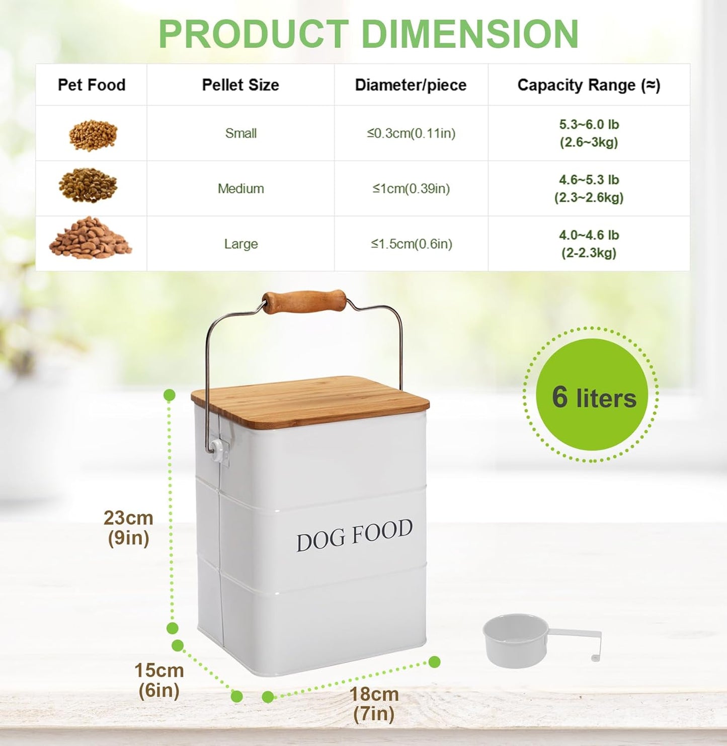 Dog Food storage container Dog Treats Jar,5~6 lb Metal food treats tin for Dog, pet snacks Canisters with wooden lid/handle/sevice scoop-Green