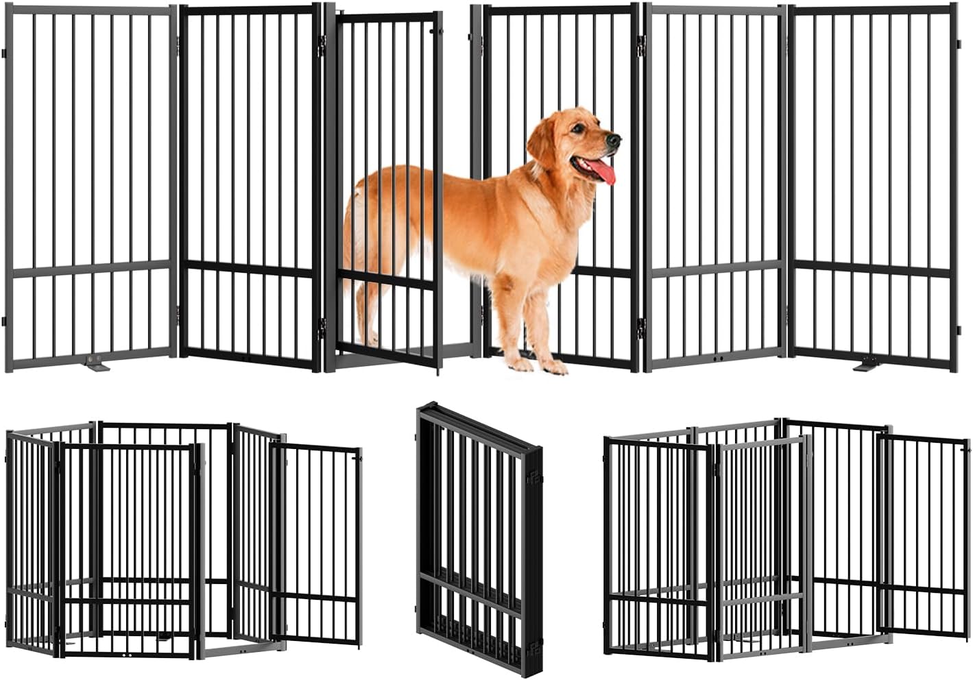 SNUOWU Full Metal Freestanding Dog Gate with Door, 32''Height Foldable Pet Dog Fence for Indoor & Outdoor, 4 Panels Extra Wide Free Standing TallDog Gates for Doorways,House,Stairs,Porch,Deck,Yard
