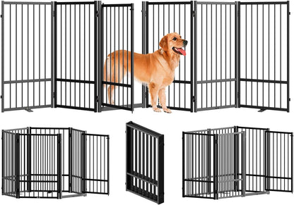SNUOWU Full Metal Freestanding Dog Gate with Door, 32''Height Foldable Pet Dog Fence for Indoor & Outdoor, 4 Panels Extra Wide Free Standing TallDog Gates for Doorways,House,Stairs,Porch,Deck,Yard