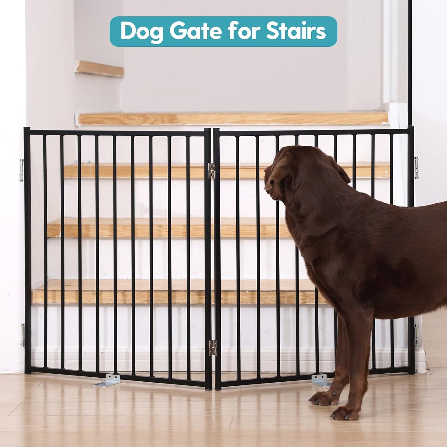 No Pawblems Free Standing Dog Gate with Door, 30'' Tall Foldable Dog Fence for Indoor & Outdoor, Up to 78 Inch Extra Wide Puppy Gate for Stairs, Hallways, Doorways, Deck, Yard (Black, 3 Panels)