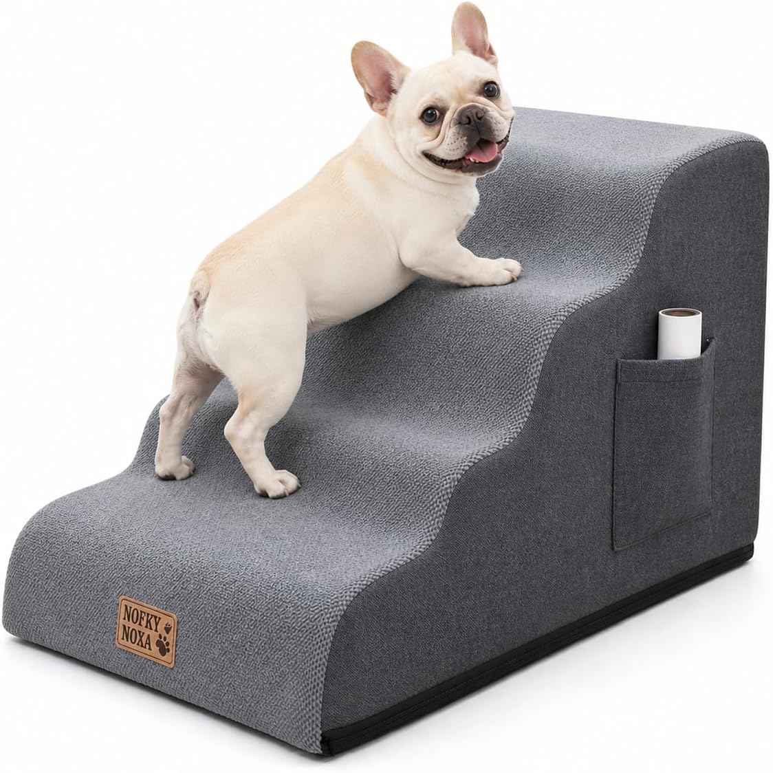 4-Step Dog Stairs for Small Dogs & Cats, 13.8" H Non-Slip Pet Steps with Side Storage Pocket, Sturdy High Density Foam Dog Ramp for Sofa, Couch & Chair, Washable Cover, Grey