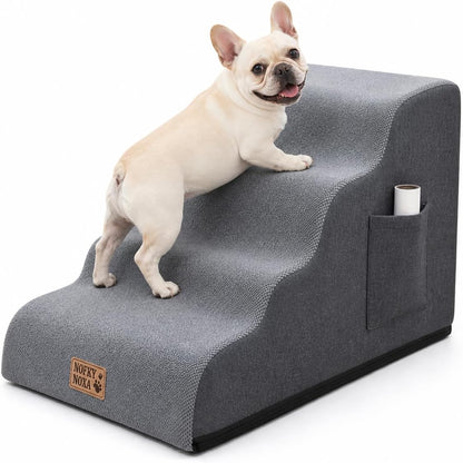 4-Step Dog Stairs for Small Dogs & Cats, 13.8" H Non-Slip Pet Steps with Side Storage Pocket, Sturdy High Density Foam Dog Ramp for Sofa, Couch & Chair, Washable Cover, Grey