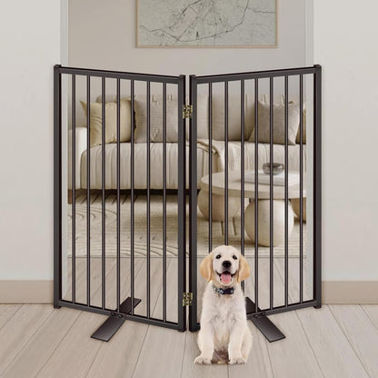 Metal Freestanding Dog Gates with Door for Outdoor Indoor,80'' Extra Wide 32'' Tall Free Standing Dog Gate for Doorways,Large Openings,Deck,Yard,Foldable Safety Pet Fence(Black,4 Panels)