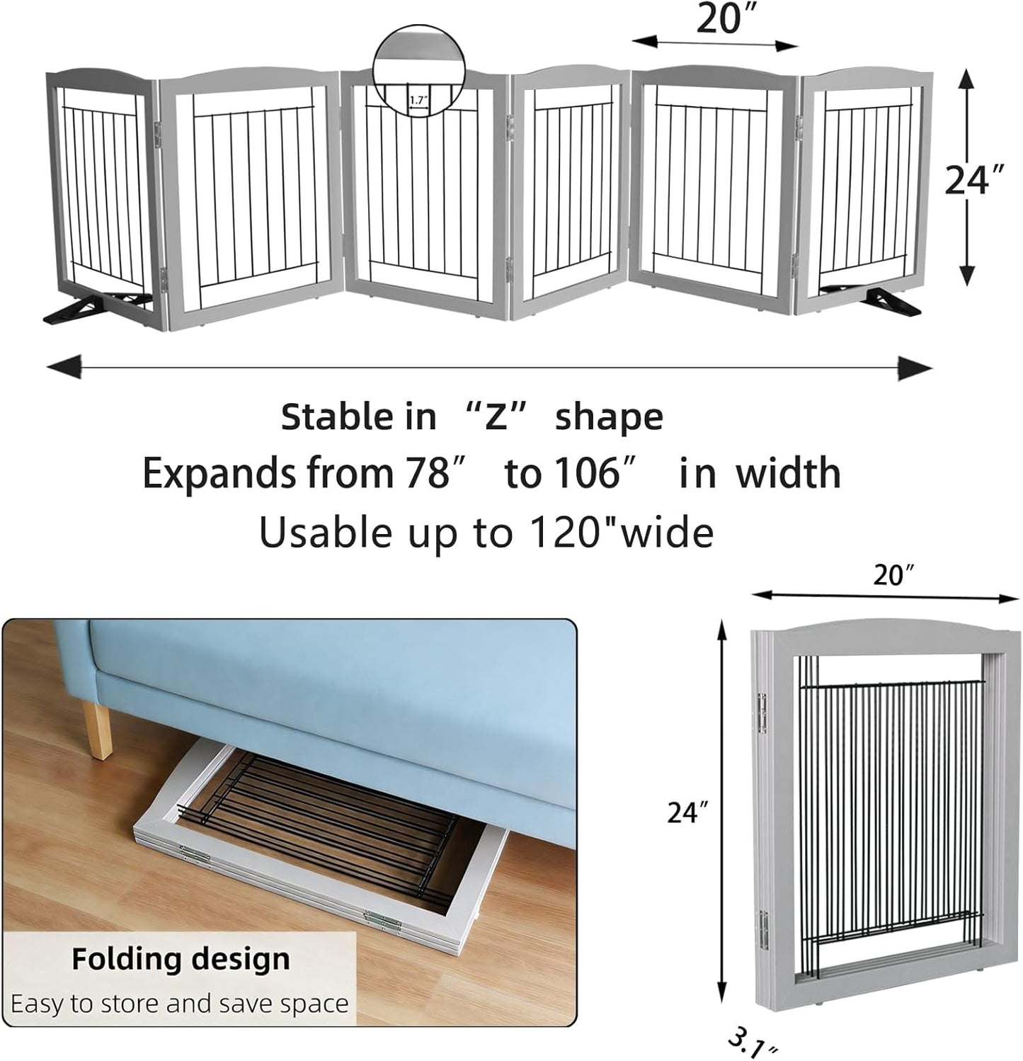 ZJSF Freestanding Dog Fence Indoor, Foldable Dog Gate for Doorways, Stairs or Hallways, Sturdy Wood Extra Wide Pet Gate with Support Feet for The House, White, 24 "Height-3 Panels