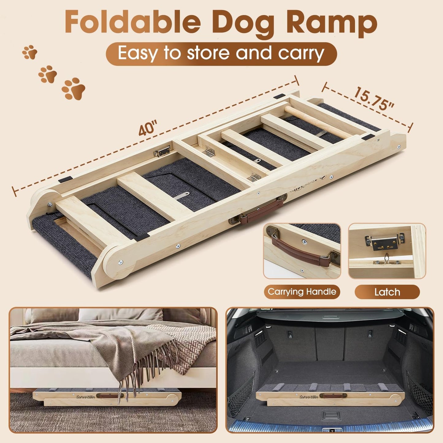 Dog Ramp for Bed - Foldable Small to Large Dog Ramp for Couch - 6 Adjustable Height from 12" to 24" - Stairs with High Traction Mat - Wooden Portable Ramp for Dogs to Get on Bed Couch Car Up to 200LBS