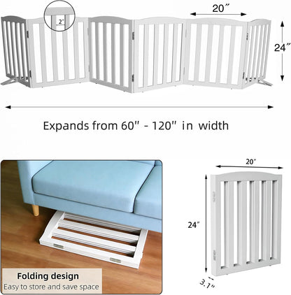 Freestanding Dog Gate Indoor,Doggie Gate Foldable Dog Gates for Doorways,Stairs or Hallways, Wooden White Pet Gate for the House, Pet Fence with Support Feet Included,24 "Height-4 Panels