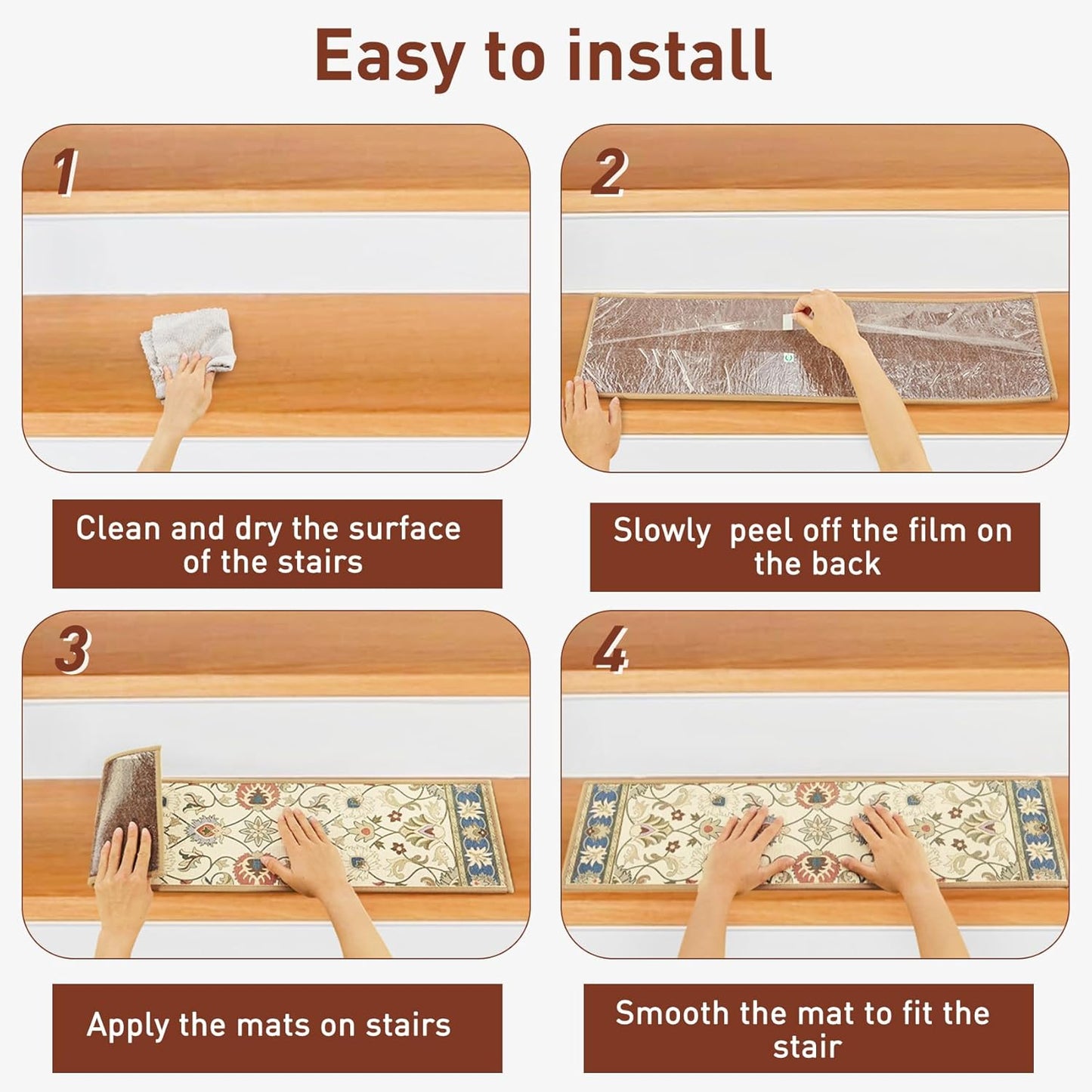Stair Treads for Wooden Steps Indoor, 15 Pack 8" X 30" Non Slip Carpet Stair Treads with Reusable Adhesive for Kids Elders and Dogs, TPR Backing Stair Rugs Oriental Staircase Step Treads,Bohemia
