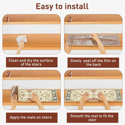 Stair Treads for Wooden Steps Indoor, 15 Pack 8" X 30" Non Slip Carpet Stair Treads with Reusable Adhesive for Kids Elders and Dogs, TPR Backing Stair Rugs Oriental Staircase Step Treads,Bohemia