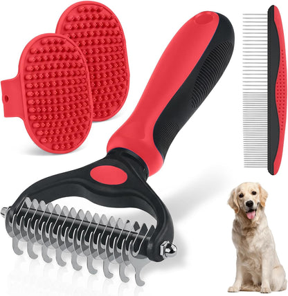 Double-Sided Pet Grooming Rake - 4-in-1 Professional Pet Grooming Kit Deshedding Dematting Tool for Dogs Cats Extra-Wide Grooming Brush & Deshedder Comb for Long & Short Haired Pets (Blue Kit 4PCS)