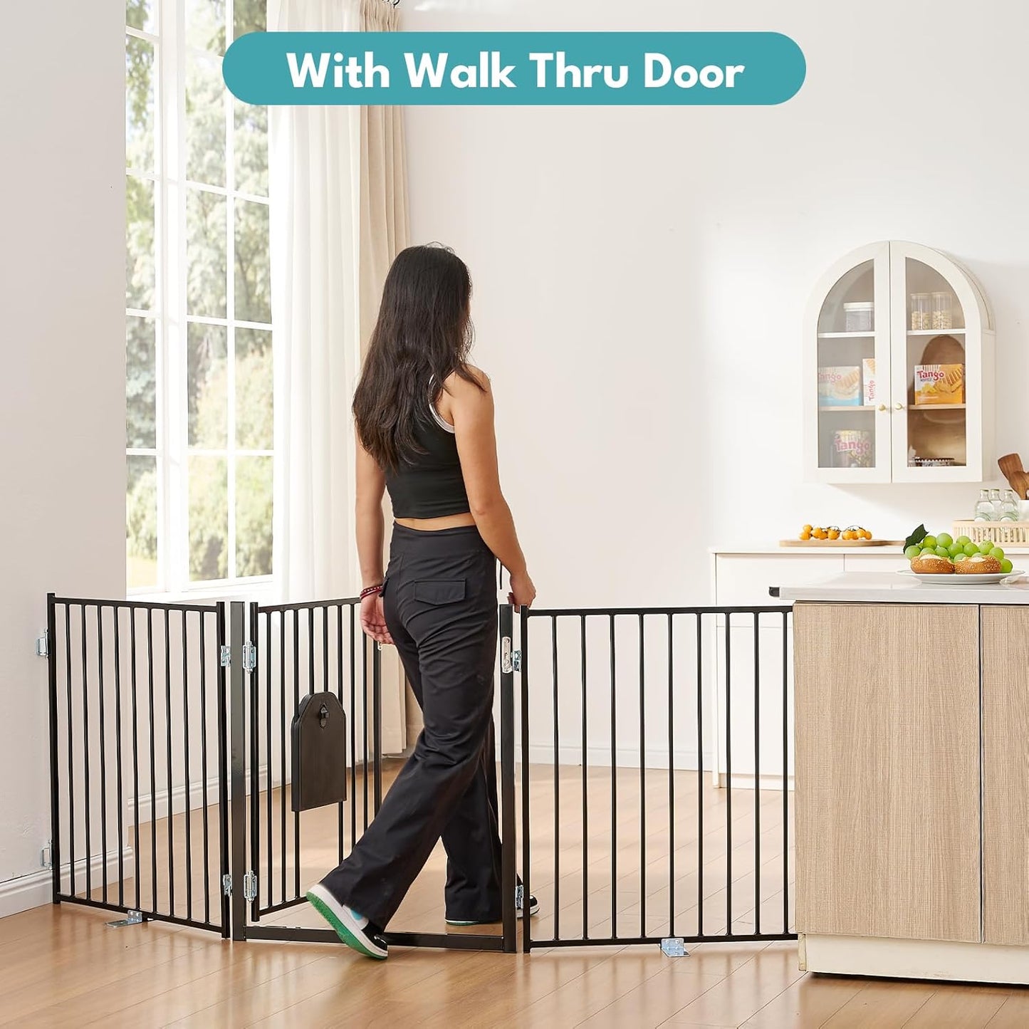 No Pawblems Dog Gate with Cat Door, Free Standing 30'' Tall Foldable Dog Fence for Indoor & Outdoor, Up to 156 Inch Extra Wide Puppy Gate for Stairs, Hallways, Doorways, Deck, Yard (Black, 6 Panels)