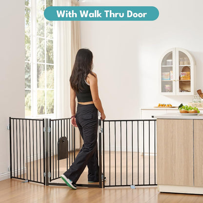 No Pawblems Dog Gate with Cat Door, Free Standing 30'' Tall Foldable Dog Fence for Indoor & Outdoor, Up to 156 Inch Extra Wide Puppy Gate for Stairs, Hallways, Doorways, Deck, Yard (Black, 6 Panels)