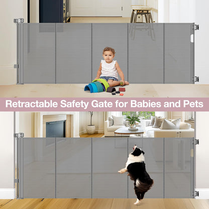 Reinforced 56" Wide Retractable Baby Gates for Doorways with Support Rods - Prevent Crawling Under Retractable Gate, Mesh Pet Gate for Stairs Retractable Dog Gates for The House Indoor/Outdoor, Black