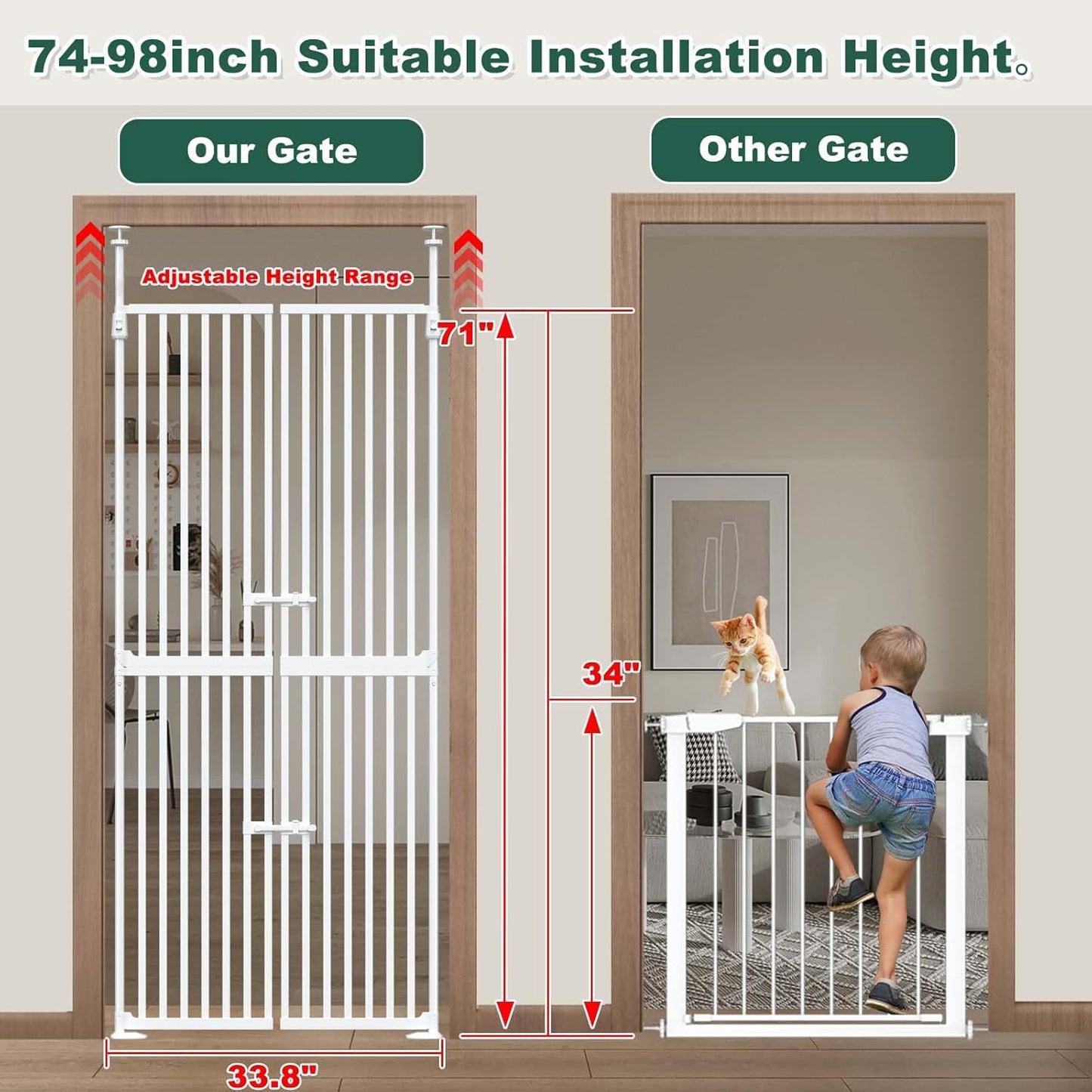 71" Extra Tall Cat Gate for Doorway,34"-37" Wide Pet Gate Pressure Mounted Walk Through Swing Auto Close Safety Dog Gates for Indoor, Stairs,Hallway
