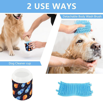 Space Soccer Black Pattern Dog Paw Cleaner Cup with Soft Silicone Brush, Small Portable Lightweight Muddy Paw Washer for Dogs, Easy to Use Pet Foot Cleaner