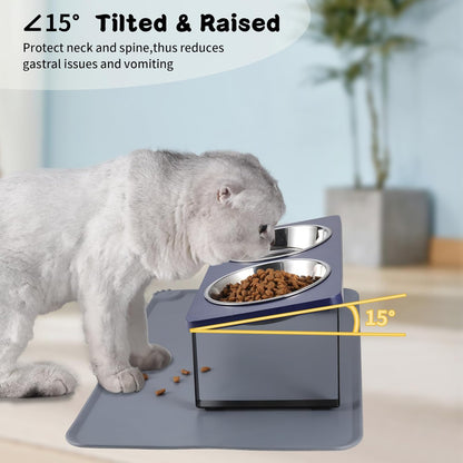 Upgraded Elevated Cat Bowls with Food Mat,15°Tilted Stand Anti Vomiting Raised Cat Dishes for Food and Water,2 Stainless Steel Bowls for Cats and Puppy