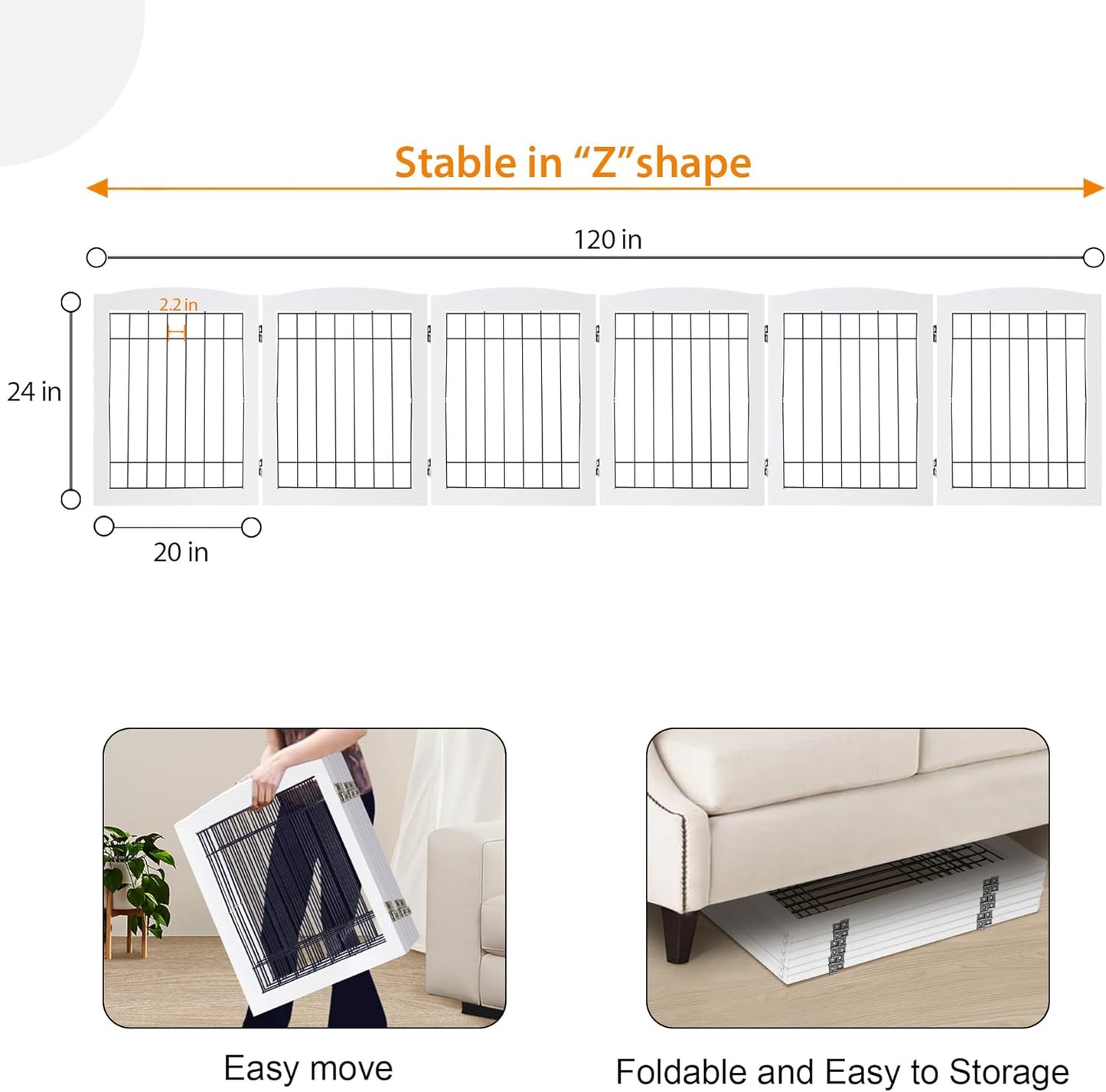 LZRS 2-Panel Freestanding Foldable Wood Dog Gate – Solid Wood & Steel Wire, Chew-Resistant Pet Barrier for Indoor Use, Ideal for Small to Medium Dogs, White