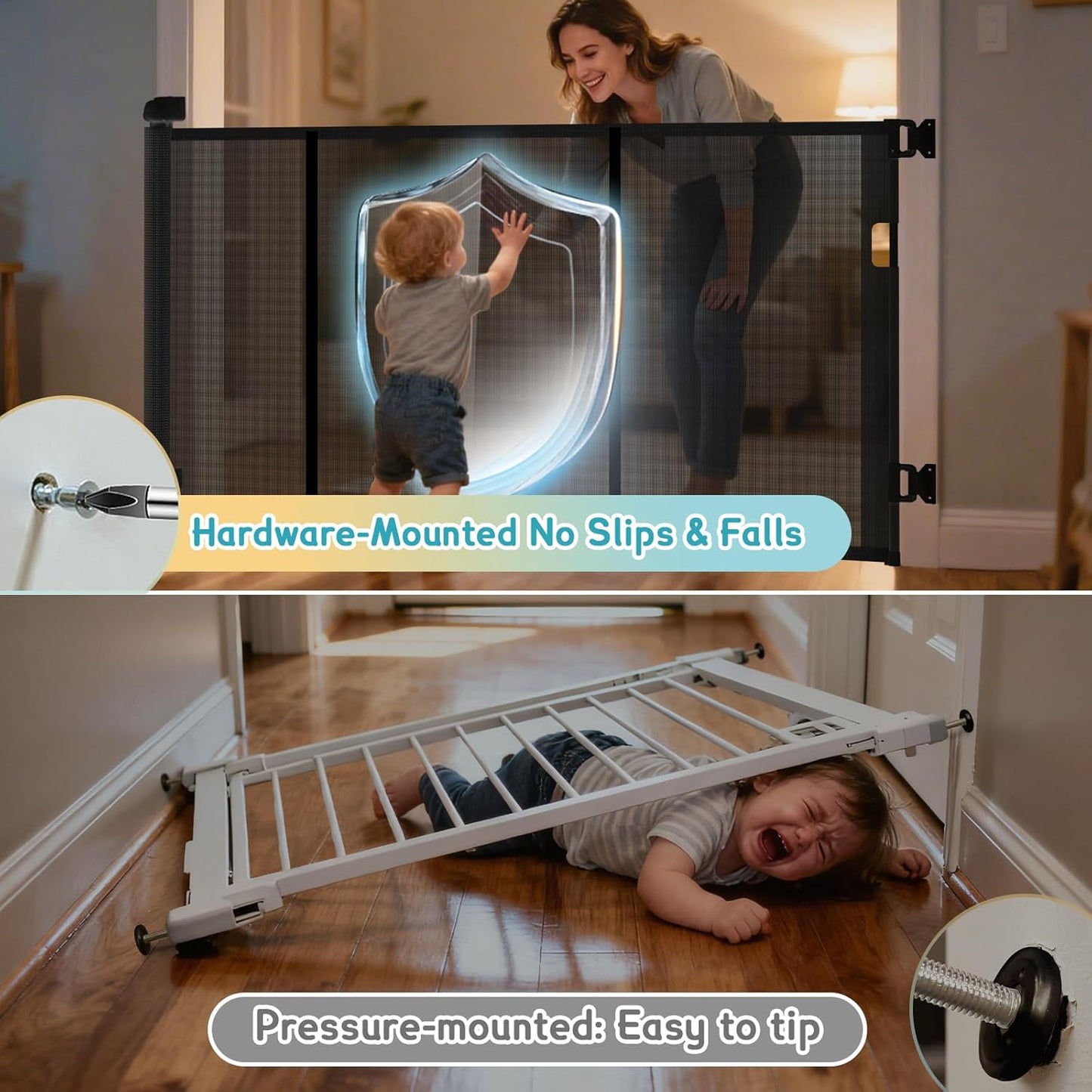 160 Inch Retractable Baby Gates Extra Wide, 42 Inch Extra Tall Retractable Gate, 13 FT Reinforced Retractable Dog Gate with Reinforcement Rod to Prevent Crawling Through, for Doorways, Stairs, Hallway