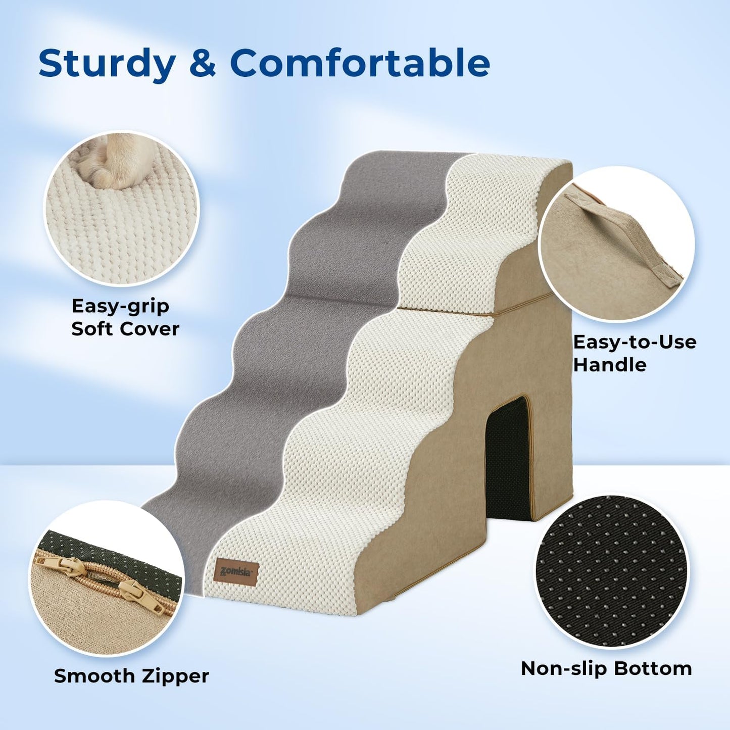 ZOMISIA Dog Ramp for Large Dogs - 24"H 5-Step Pet Stairs for High Beds with Tunnel, 2-in-1 Design with Zippers, Suitable for Indoor Cat Ladders with Non-Slip Bottom, Beige