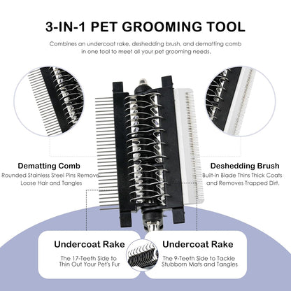3-IN-1 Pet Deshedding and Grooming Tool, Grooming Brush for Dogs and Cats with Undercoat Rake & Dematting Comb for Matted Fur Removal Long and Short Haired Dogs Cats