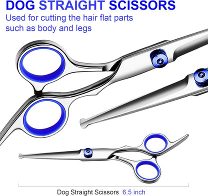FAIGEO Dog Grooming Scissors with Safety Round Tips Stainless Steel Professional Dog Grooming Kit - Thinning, Curved Scissors and Comb for Cat Pet (Pink 4 in 1)