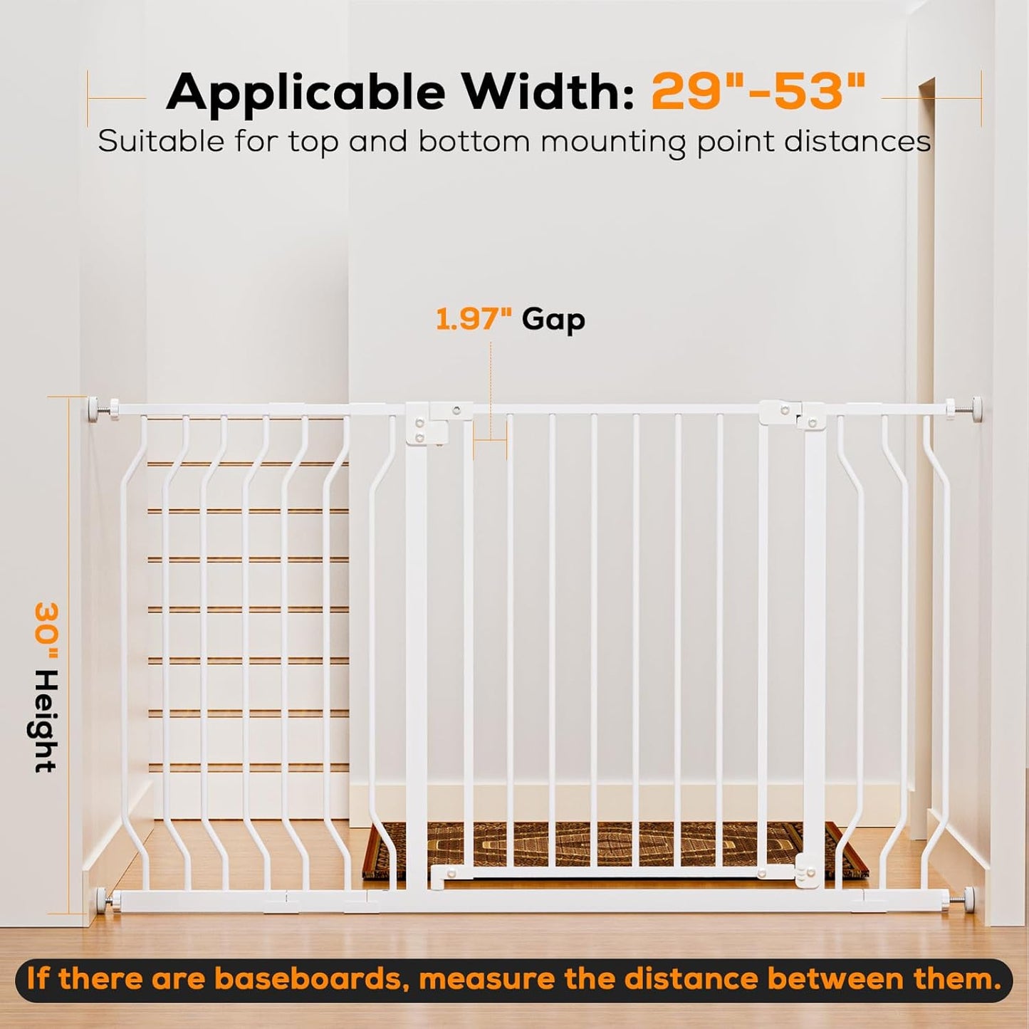 29-43" Baby Gate for Stairs, Baby Safety Essentials, Auto Close Gate for Doorways, Easy Install Pressure Mounted Dog Gate Indoor, Pet Gates for Dogs, White