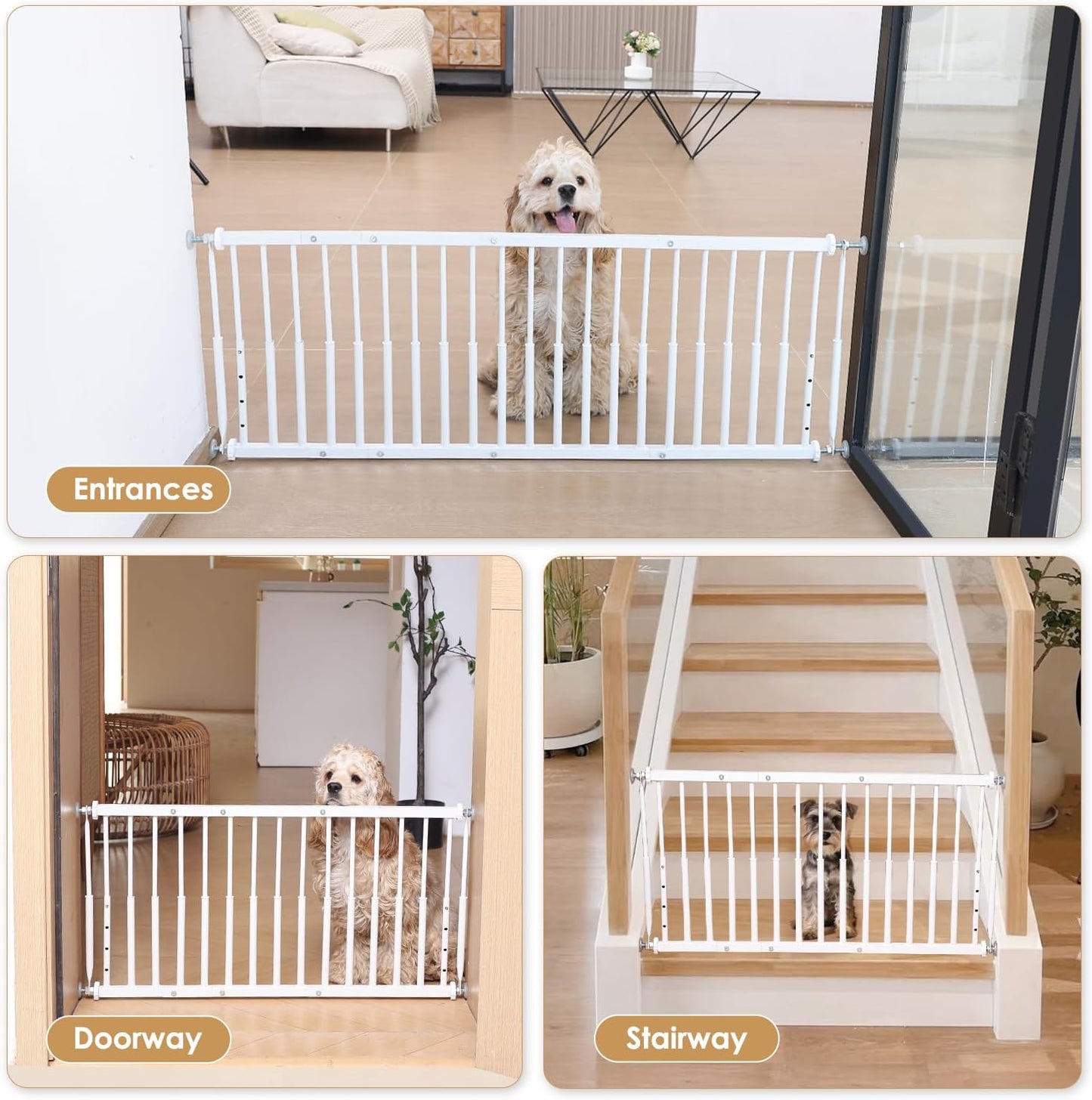 10''-15.8'' Height Adjustable Dog Gate, Extra Wide 18.1"-46" All Metal Short Dog Gate to Step Over, Pressure Mount Small Pet Puppy Gate for Stairs & Doorways(White)
