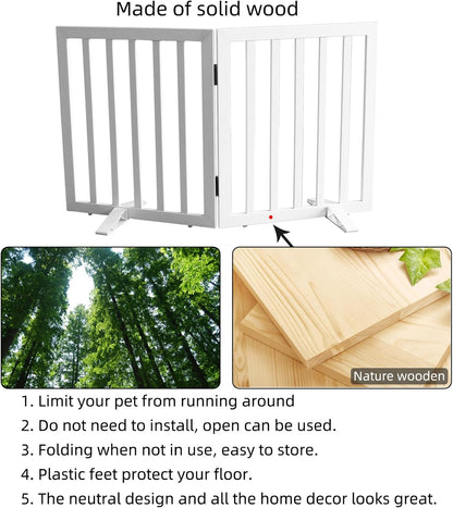 ZJSF Freestanding Indoor Dog Gate for House Foldable Wood Puppy Gate for Doorways Pet Gate for Stairs Extra Wide Pet Fence, Brown, 24" Height 3 Panels