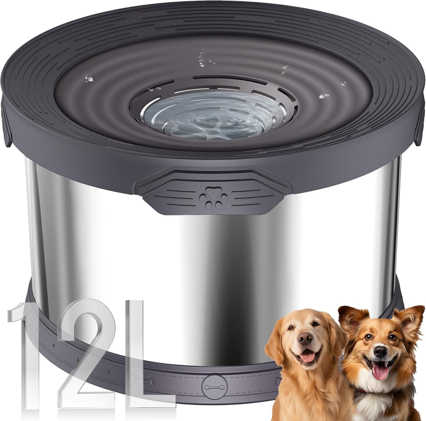 UPSKY Dog Water Bowl No Spill 10L Stainless Steel, 2.6 Gallon Large Capacity Spill-Proof Dog Bowls, Non-Slip Slow Drinking Anti-Splash Bowl for Large Messy Drinkers, No Mess Indoor/Outdoor Use, Gray