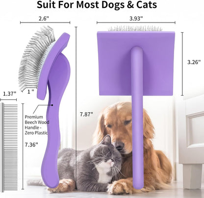 Slicker Brush for Doodles and Poodles - 2-Piece Solid Wood Dog Grooming Set with Extra Long Pin Dematting Tool and Metal Comb for Curly, Matted & Thick Hair, Purple