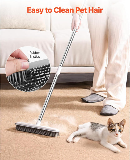 Happybuy Pet Hair Removal Broom, 58.46 in Adjustable Long Handle, Reusable Carpet Rake with Built-in Squeegee for Dog & Cat Hair